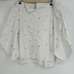 Lucky Brand Off The Shoulder Top White Silver Star Embroidered Button Up Size M